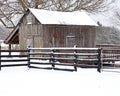 Fenced in shed in Snow storm shaded by large tree