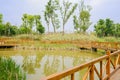 Fenced wooden footbridge over lake of sunny spring