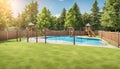 Fenced yard with lovely pool and playground Copy space image Place for