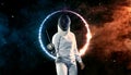 Fencer fencing in a competition. Athlete Isolated on black background with neon lights