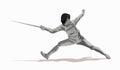 Fencer. Man wearing fencing suit practicing with sword. Sports arena and lense-flares. Sport Infographic Shot Put Athletics events
