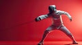 A fencer in protective equipment stands in competition stance with foil ready for competition, on plain red background