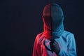 Fencer woman in mask profile portrait with fencing sword, rapier, epee