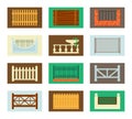 Fences and barriers set. Wooden farmhouse brick with iron mesh antique carved columns and flowerpot with plant