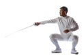 Fencing athlete wins the competition isolated in white background Royalty Free Stock Photo