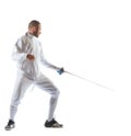 Fencing athlete wins the competition isolated in white background Royalty Free Stock Photo