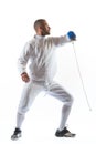 Fencing athlete wins the competition isolated in white background Royalty Free Stock Photo