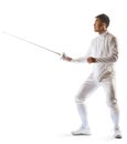 Fencing athlete wins the competition isolated in white background Royalty Free Stock Photo