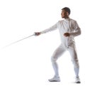 Fencing athlete wins the competition isolated in white background Royalty Free Stock Photo