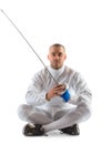 Fencing athlete wins the competition isolated in white background Royalty Free Stock Photo