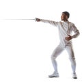 Fencing athlete wins the competition isolated in white background Royalty Free Stock Photo