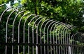 Fencing of building from forged bars with curved spikes. military guarded bases and an embassy with increased protection against o