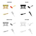 Fencing at the construction site, repair roller, paintbrush, calipers. Construction and repair set collection icons in