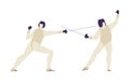 Fencing with foils fighting scene flat vector illustration isolated on white.