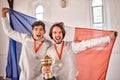 Fencing, France flag and portrait of men with trophy for winning competition, challenge and match. Sword fighting