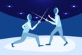 Fencing man mask training duel swordsman arena male activity cartoon character full length horizontal flat