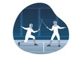 Fencing Player Sport Illustration with Fencer Fighting on Piste and Sword Duel Competition Event in Flat Cartoon Hand Drawn