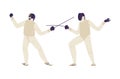 Fencing players vector isolated illustration, Athlete men figures in white suits and protective equipment, Sport workout
