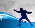 Fencing Sport on Abstract World Map Background