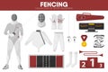 Fencing sport equipment swordsman fencer garment accessory vector icons set