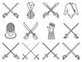 Fencing sport icons set, outline style