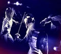 Fencing sport for women epee fencer. Ultraviolet background.