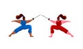 Fencing women mask training duel, swordswoman gym activity hand drawn cartoon illustration. Black and white girls doing rapier