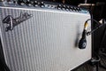 Fender amplifier on concert stage and Sennheiser e 906 Instrument Microphone Royalty Free Stock Photo