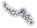 Fenebrutinib drug molecule. 3D rendering. Atoms are represented as spheres with conventional color coding: hydrogen white,