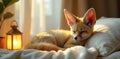 A fenech fox napping peacefully in soft sunlight on a cozy bed. Generative AI Royalty Free Stock Photo