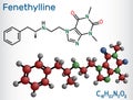 Fenethylline, phenethylline, amfetyline, fenetylline molecule. It is psychostimulant, narcotic, codrug of amphetamine and Royalty Free Stock Photo