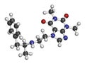 Fenetylline (fenethylline) stimulant drug molecule. 3D rendering. Atoms are represented as spheres with conventional color coding