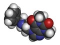Fenetylline (fenethylline) stimulant drug molecule. 3D rendering. Atoms are represented as spheres with conventional color coding Royalty Free Stock Photo