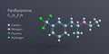 fenfluramine molecule 3d rendering, flat molecular structure with chemical formula and atoms color coding