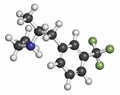 Fenfluramine weight loss drug molecule (withdrawn). 3D rendering. Atoms are represented as spheres with conventional color coding