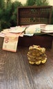 Feng Shui money frog and a wooden box full of banknotes Royalty Free Stock Photo