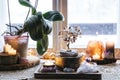 Feng Shui nature theme altar at home table and on window sill.