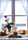 Feng Shui nature theme altar at home table and on window sill. Royalty Free Stock Photo