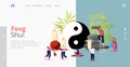 Feng Shui Philosophy Landing Page Template. Characters Decorate Home with Stones, Candles and Plants for Positive Energy