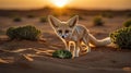 A Fennec Fox Puppy Looks With Curiosity Broccoli in The Sahara Desert at Sunset Royalty Free Stock Photo