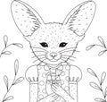 Cute Fennec fox having cocktail drink design for adult coloring book or print on product. Vector illustration