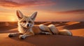 A Captivating Fennec Fox Lies Relaxed in the Sahara Desert During Golden Hour Royalty Free Stock Photo