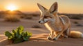 Fennec Fox at Sunset in Sahara Desert with Green Plant Detail Royalty Free Stock Photo