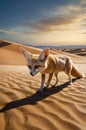Fennec Fox Walking in Sahara Desert at Sunset Time with Blue Cloudy Sky Royalty Free Stock Photo