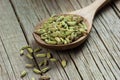 Fennel seeds in wooden spoon on wooden table Royalty Free Stock Photo