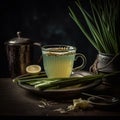 Fennel tea in a glass cup fresh fennel bulb seeds and tea pot on white wooden table. Royalty Free Stock Photo