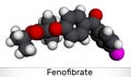 Fenofibrate molecule. It is drug, used to lower cholesterol levels in patients at risk of cardiovascular disease. Molecular model