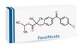 Fenofibrate molecule. It is drug, used to lower cholesterol levels in patients at risk of cardiovascular disease. Skeletal