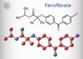 Fenofibrate molecule. It is drug, used to lower cholesterol levels in patients at risk of cardiovascular disease. Structural