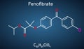 Fenofibrate molecule. It is drug, used to lower cholesterol levels in patients at risk of cardiovascular disease. Structural